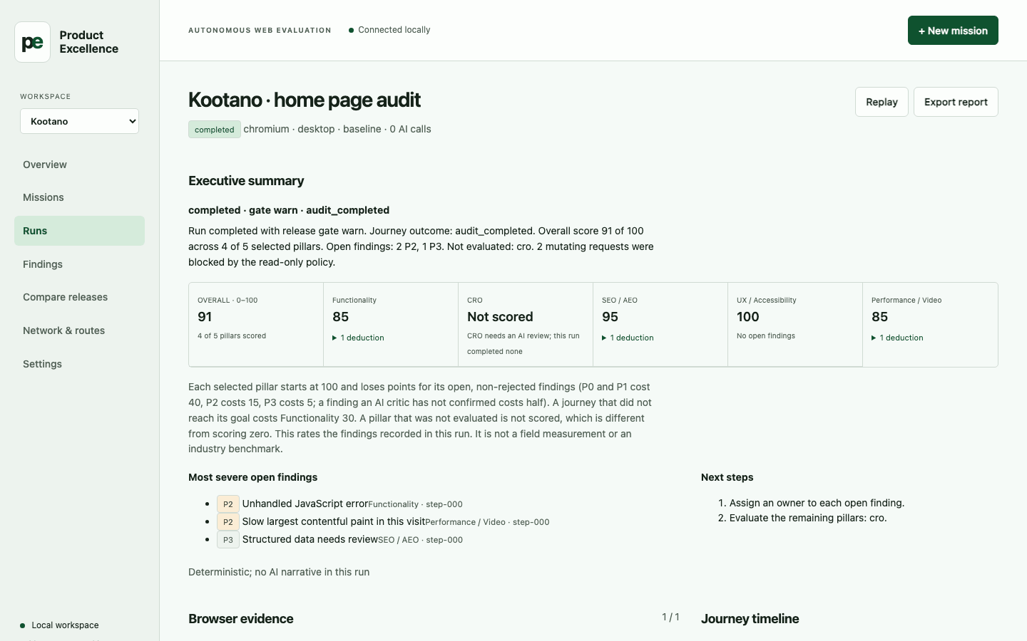Exhibit 8. The audit run page, where the conversion tile reads not scored with its reason while the four other pillars carry numbers.